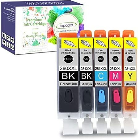 Topcolor Compatible Edible Ink Cartridges for Canon PGI-280XL CLI-281XL Replacement for Canon Cake Printer PIXMA TS6120 TS6220 TS8120 TR7520 (Black, Yellow, Cyan, Magenta, 5-Packs)