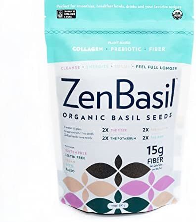 Zen Basil Seeds | Edible Basil Seeds USDA Organic, Kosher, Non-GMO, Lectin-Free, Gluten-Free, Plant-Based, Vegan, Keto, Paleo | 15g Fiber Per 2 TBS | 14oz
