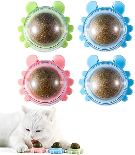 Catnip Ball 4-Pack Catnip Wall Ball Edible Cat Interactive Toys Catnip Balls for Indoor Play with Cats Chew Teeth Cleaning Catnip Balls Wall Anxiety Relief Cat Nip Ball 360° Rotatable Catnip Ball Toy