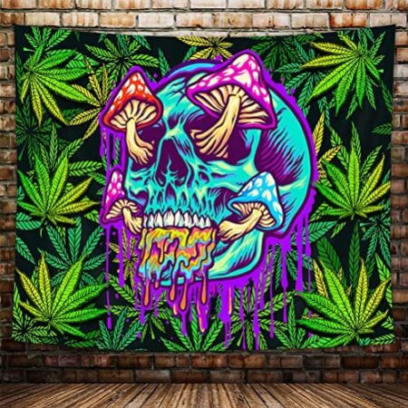 Trippy Weed Tapestry, Hippie Boho Cannabis Leaves Psychedelic Mushroom Tapestry Wall Hanging, Smoking Skull Green Marijuana Tapestry for Meditation Dorm Living Room Bedroom Small Poster Decor, 60X40in