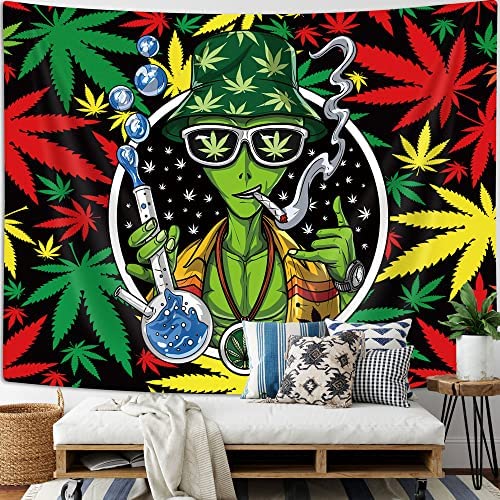 Wathon Trippy Weed Marijuana Tapestry, Cool Alien Marijuana Leaf Wall Tapestry for Bedroom, Psychedelic Tie Dye Stoner Tapestries for Men Aesthetic Hippie Wall Art Poster Dorm Home Decor 60X40 Inches