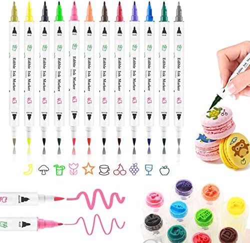 Edible Markers for Cookies Food Coloring Pens 12Pcs,Dual Sided Edible Pens with Fine&Thick Tip,Edible Gourmet Writers Food Grade Decorating Pens for Fondant,Desserts,Frosting,Macaron,Easter Eggs,Cake