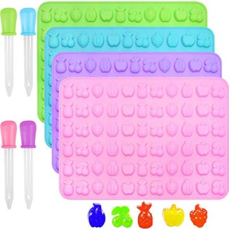 Silicone Candy Molds，AFUNTA 4 Pcs 66-Cavity Non-Stick Mini Fruit Silicone Gummy Mold with 4 Pcs Dropper for DIY Gummy, Ice, Jelly, Chocolate, Candy - Green,Blue,Pink,Purple